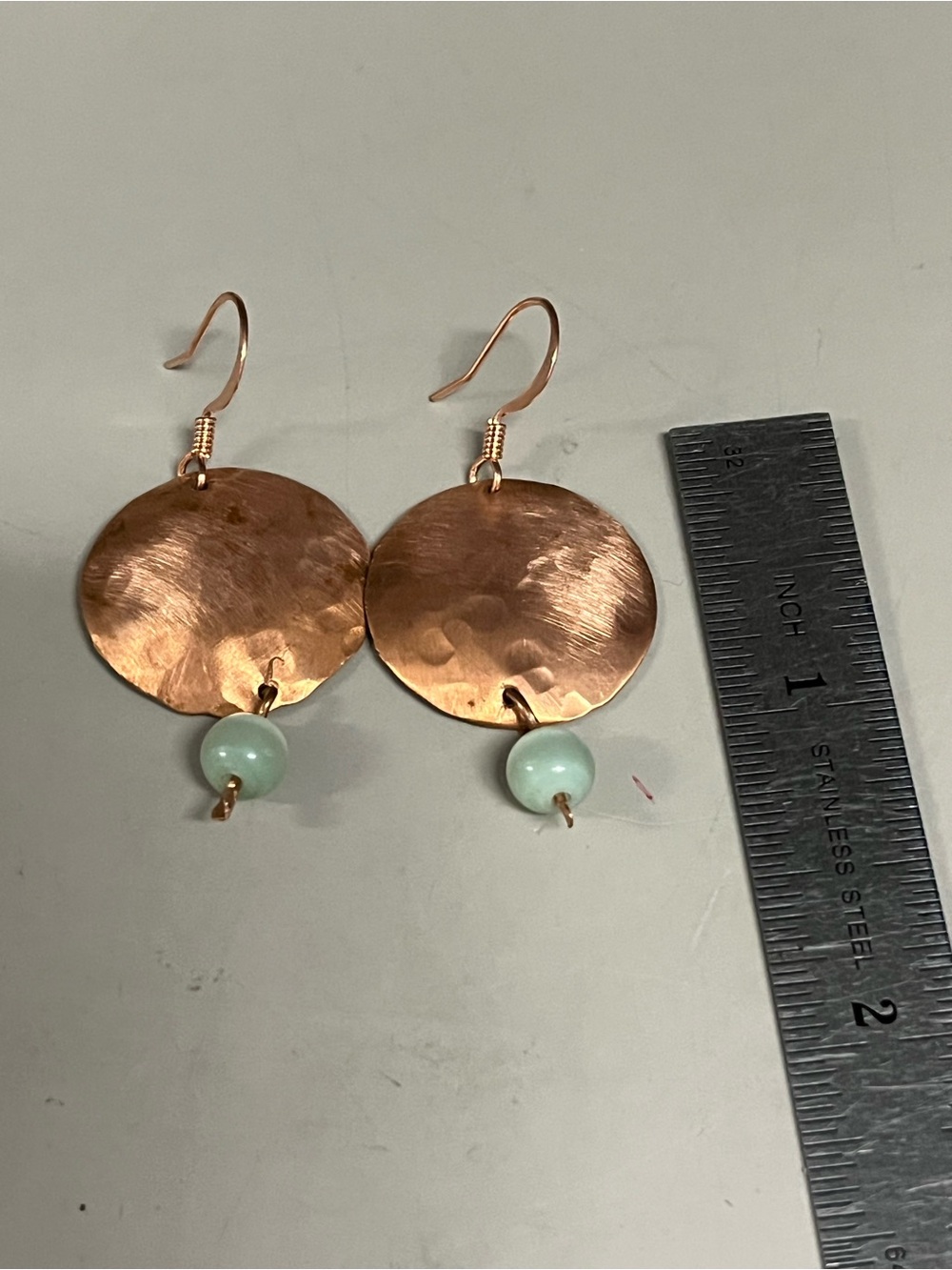 Handmade Hammered Copper Disc Dangle Earrings | Aqua Gemstone Bead | Boho Artist - Picture 3 of 3